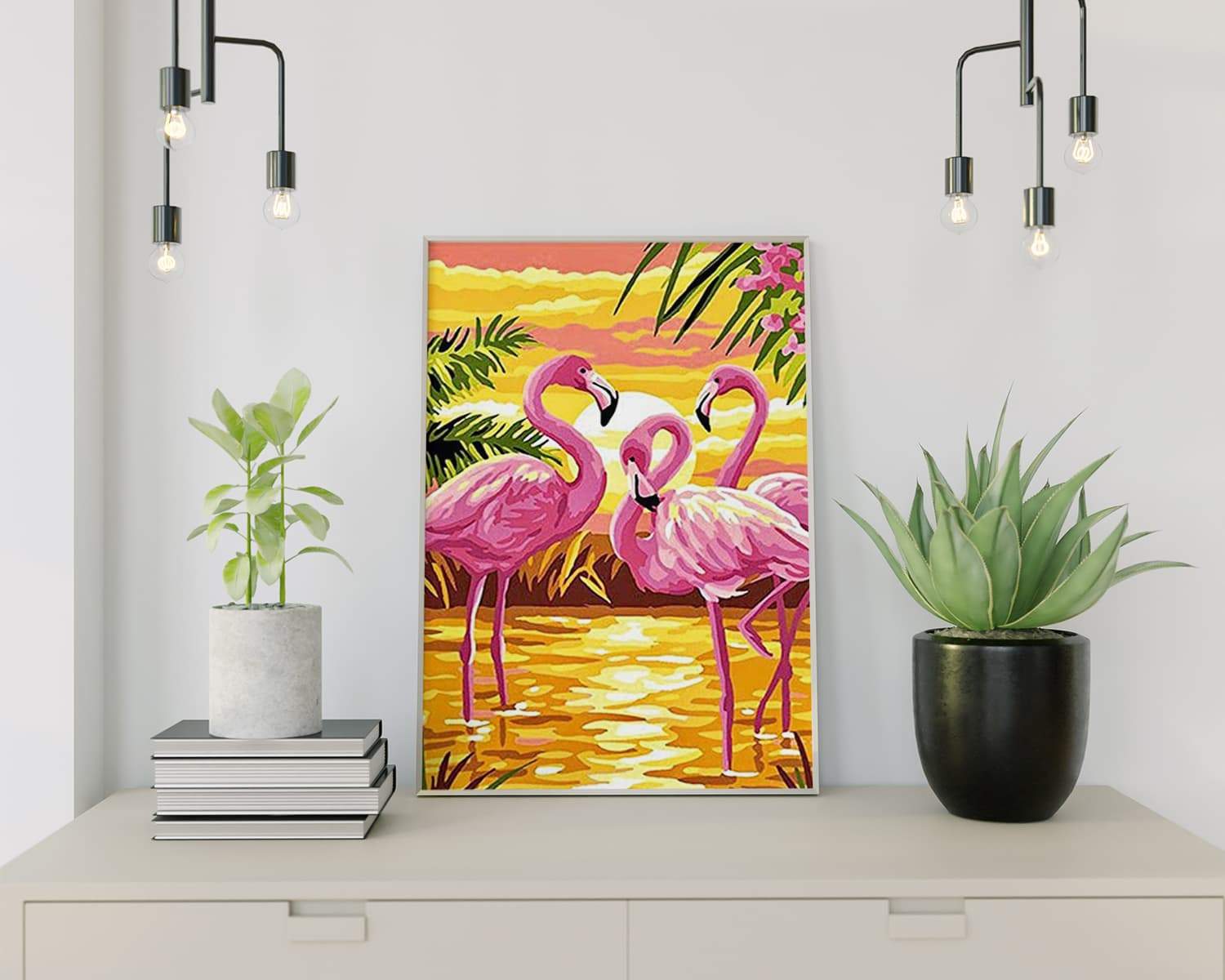 Schilderen op nummer Flamingo's met Zonsondergang
