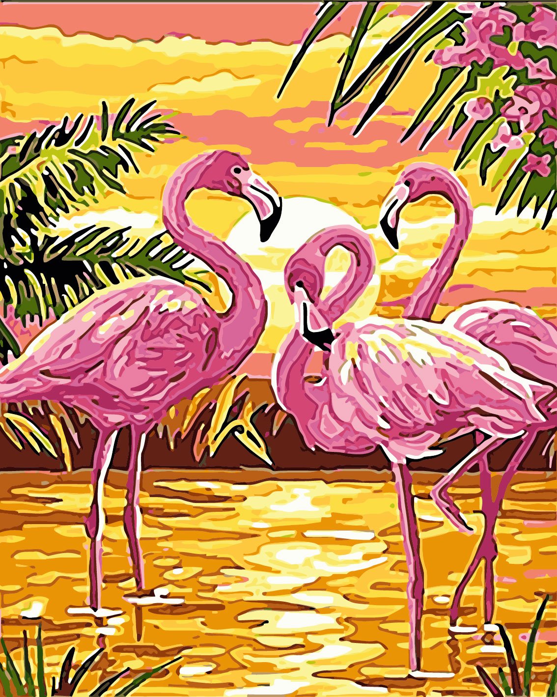 Schilderen op nummer Flamingo's met Zonsondergang