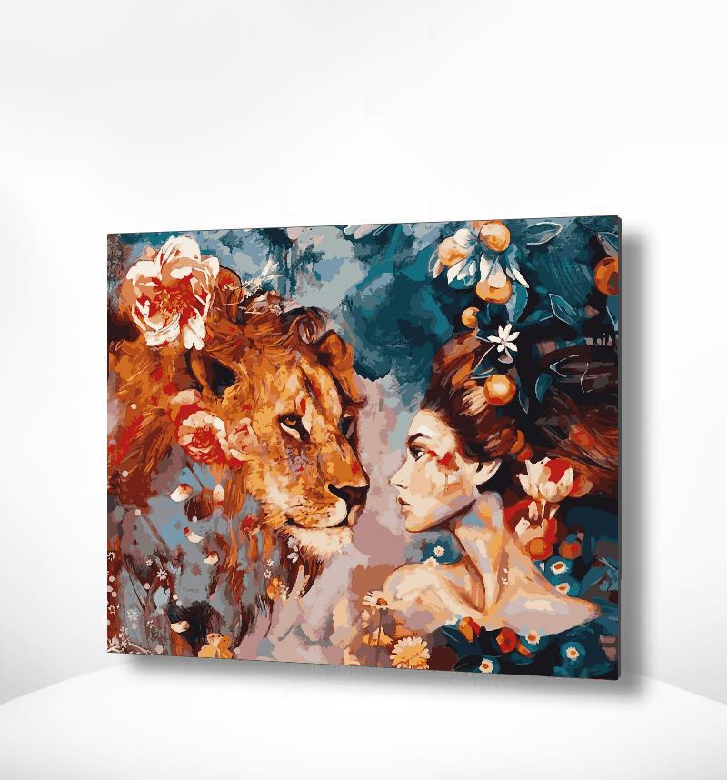 Schilderen op nummer Leeuw met Bloemen en Vrouw-Painting Expert