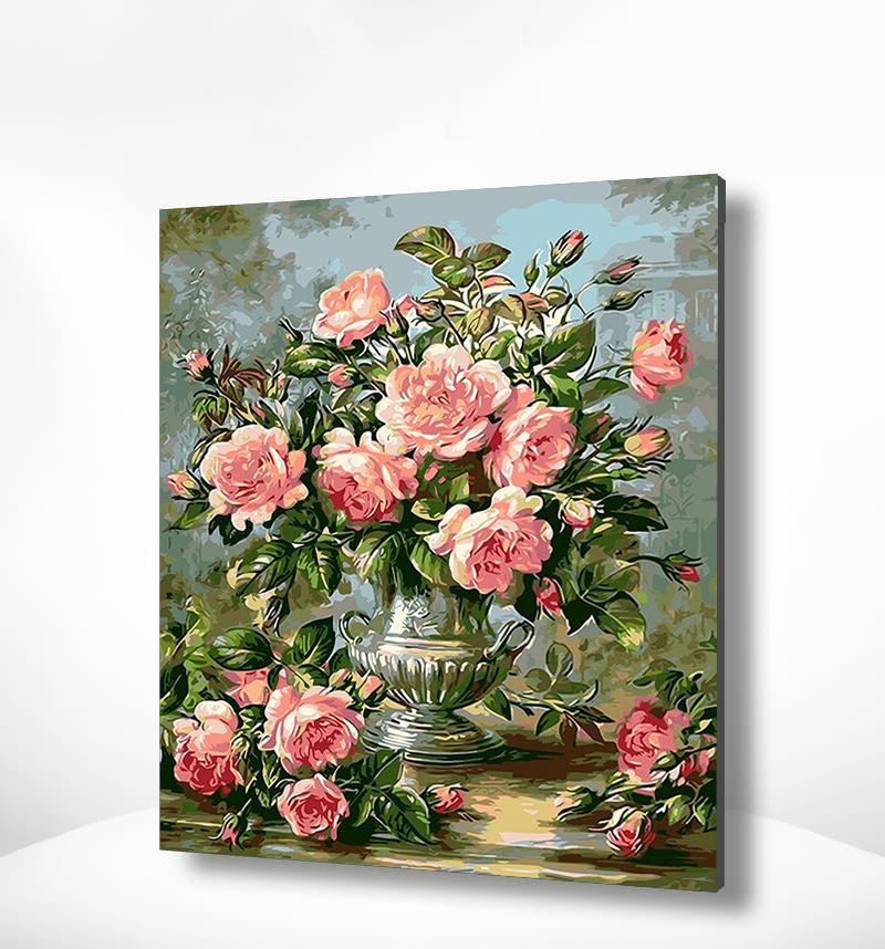 Schilderen op nummer Roze Bloemen in een Vaas-Painting Expert