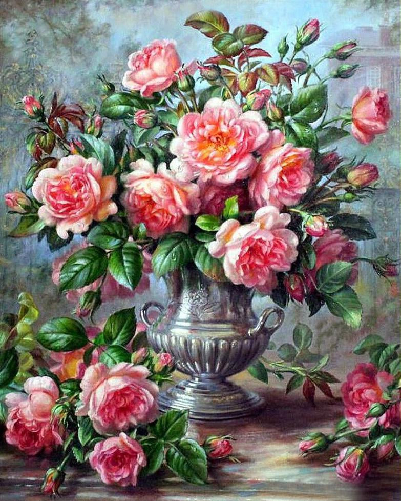 Schilderen op nummer Roze Bloemen met Zilveren Vaas