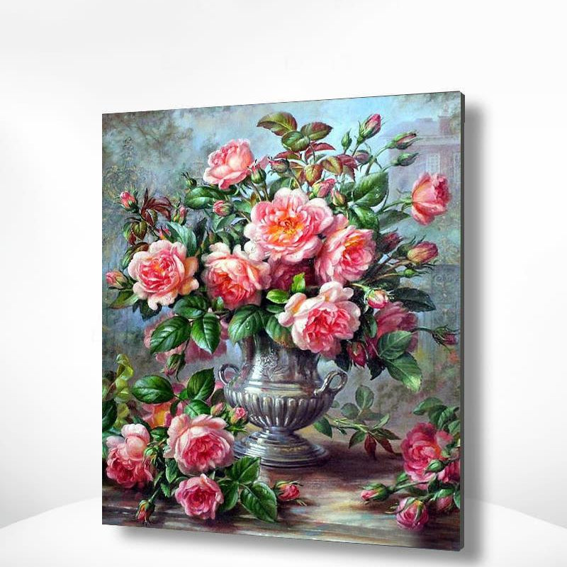 Schilderen op nummer Roze Bloemen met Zilveren Vaas