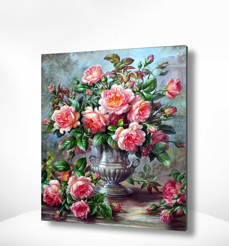 Schilderen op nummer Roze Bloemen met Zilveren Vaas