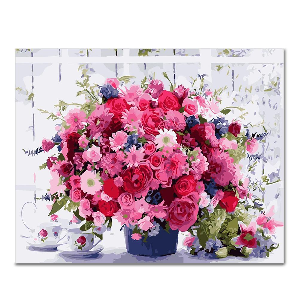 Schilderen op nummer Roze Bloemetjes met Koffiekopjes