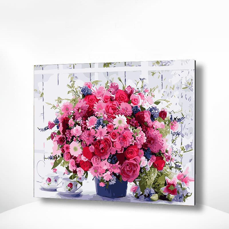 Schilderen op nummer Roze Bloemetjes met Koffiekopjes