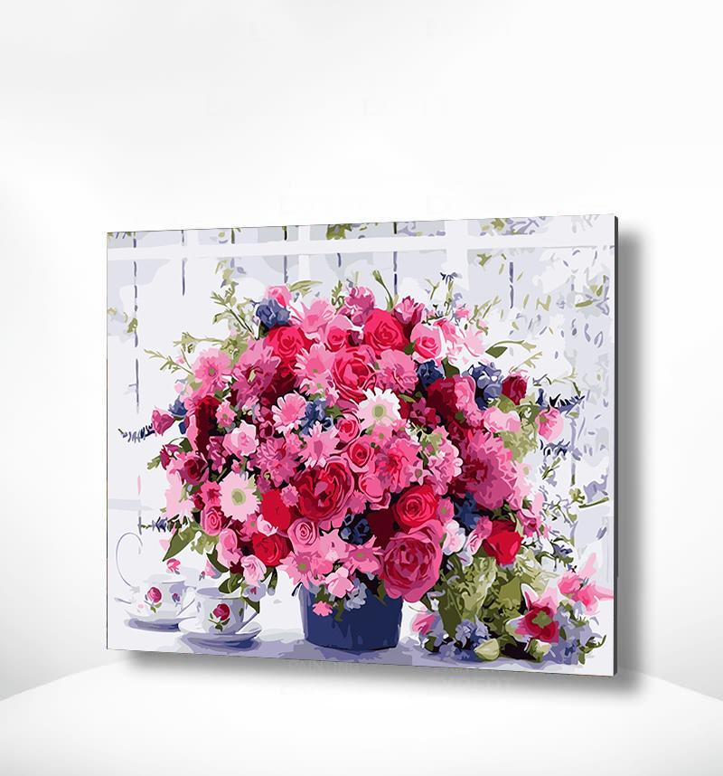Schilderen op nummer Roze Bloemetjes met Koffiekopjes