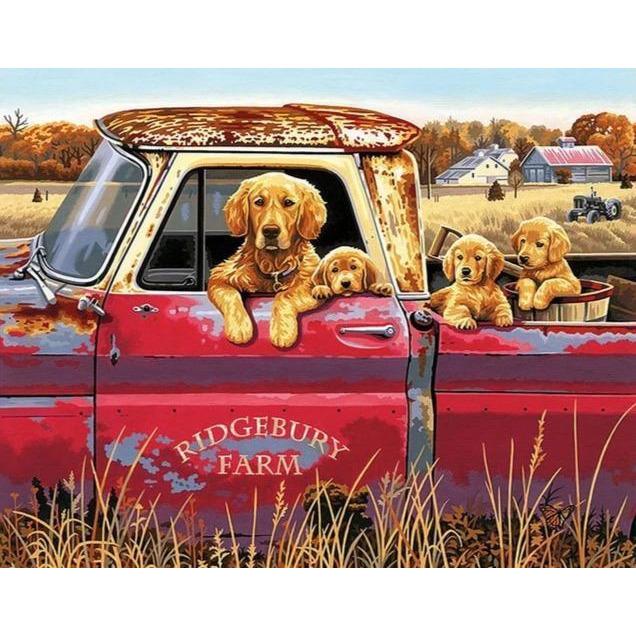 Schilderen op Nummer Hond in Rode Auto Painting Expert 60x75cm - Exclusief Lijst (36 kleurtjes) 