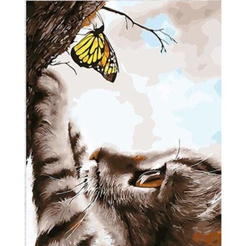 Schilderen op Nummer Kat en een vlinder Painting Expert 40x50cm - Exclusief Lijst (24 kleurtjes) 